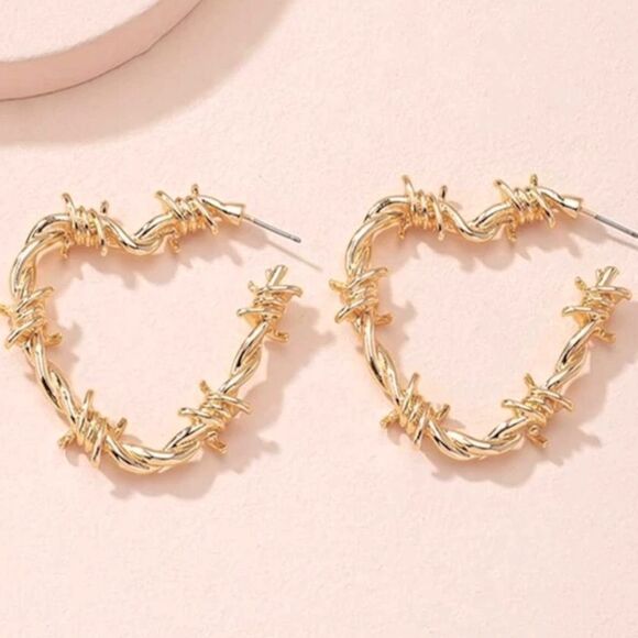 SALE Gold Punk Barbwire Heart Earrings - Picture 2 of 4